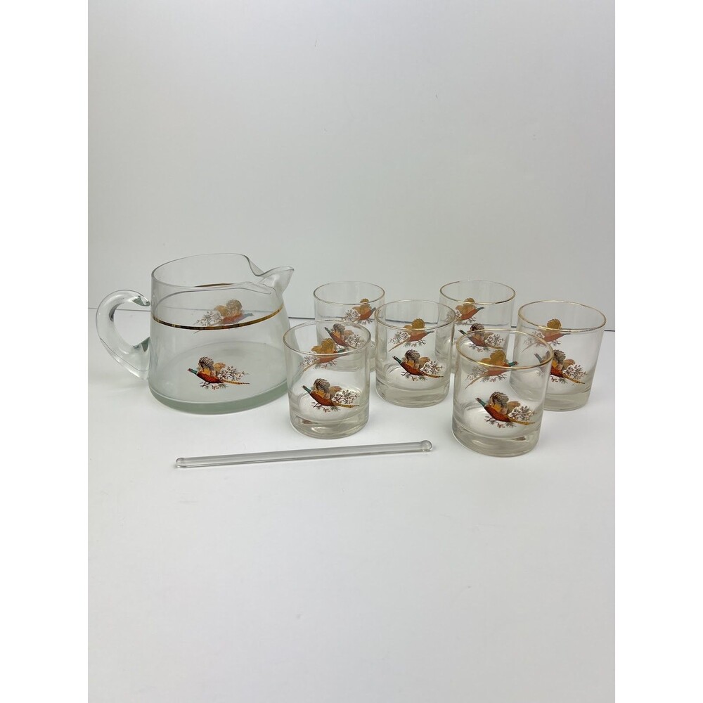 Vintage Pheasant Cocktail Mixing Pitcher Set 6 Tumblers Glass Stirrer Gold Trim